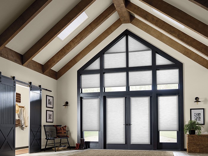 Large living room with vaulted ceiling and two skylight windows with Applause® Honycomb Shades.